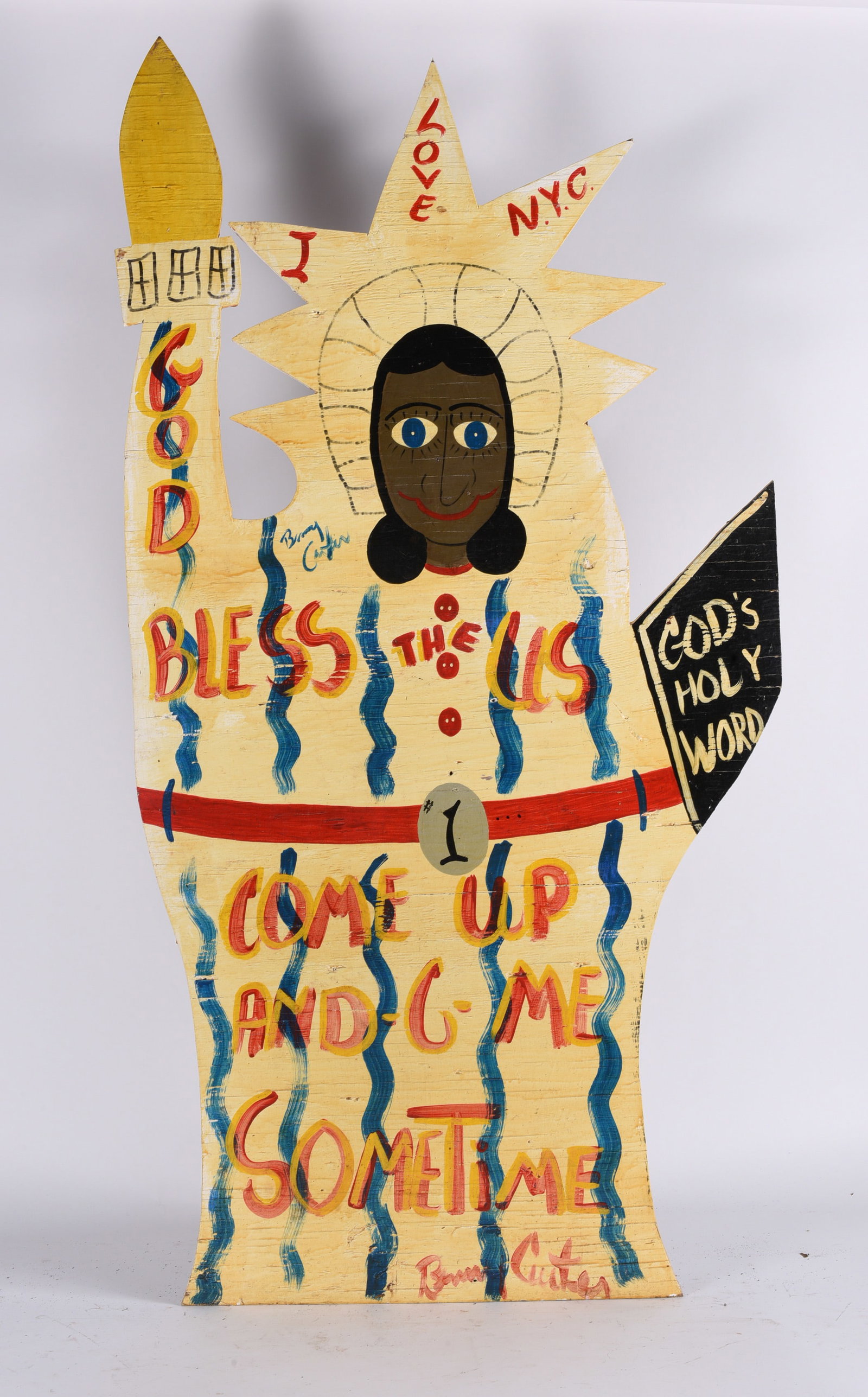 Benny Carter Plywood Statue of Liberty: Benny Carter Plywood Statue of Liberty 24"x48" Cut out plywood by Benny Carter with paint. Signed multiple times. all pottery in this auction is mint as fired condition with no repairs or cracks in th