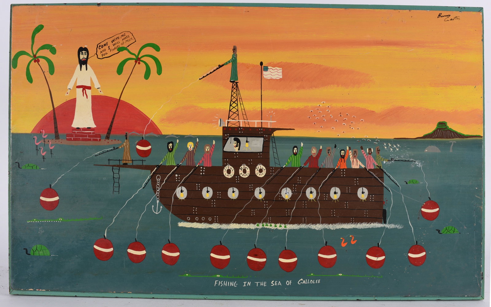 Benny Carter Folk Art Painting Fishing the Sea of Gallolee: Benny Carter Folk Art Painting Fishing the Sea of Gallolee 22.5"x14" Outstanding early painting c. 1994. Paint on masonite board. Titled "Fishing in the Sea of Gallolee" environmental art has been out