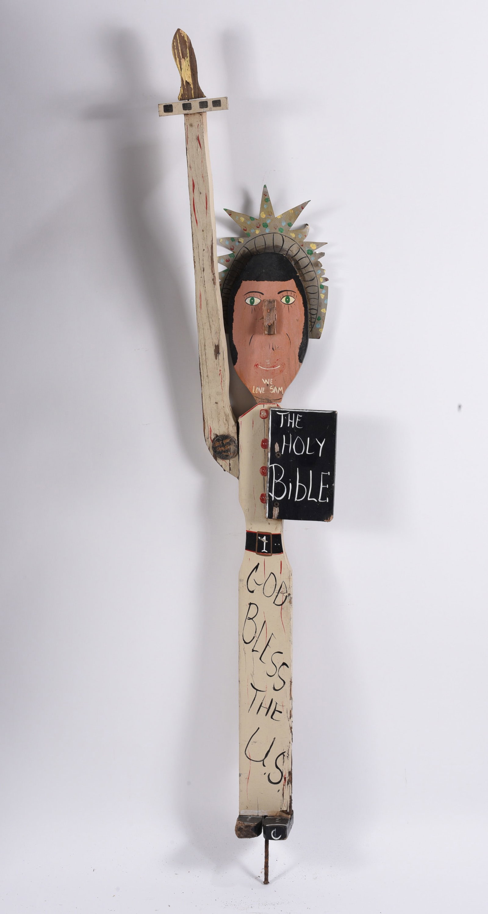 Benny Carter Folk Art Wooden Cutout: Benny Carter Folk Art Wooden Cutout 8"x55" Very rare environmental wood cutout. This is a tribute to Sam the Dot Man with dots on crown of Lady Liberty. On chin "We love Sam". environmental art has be