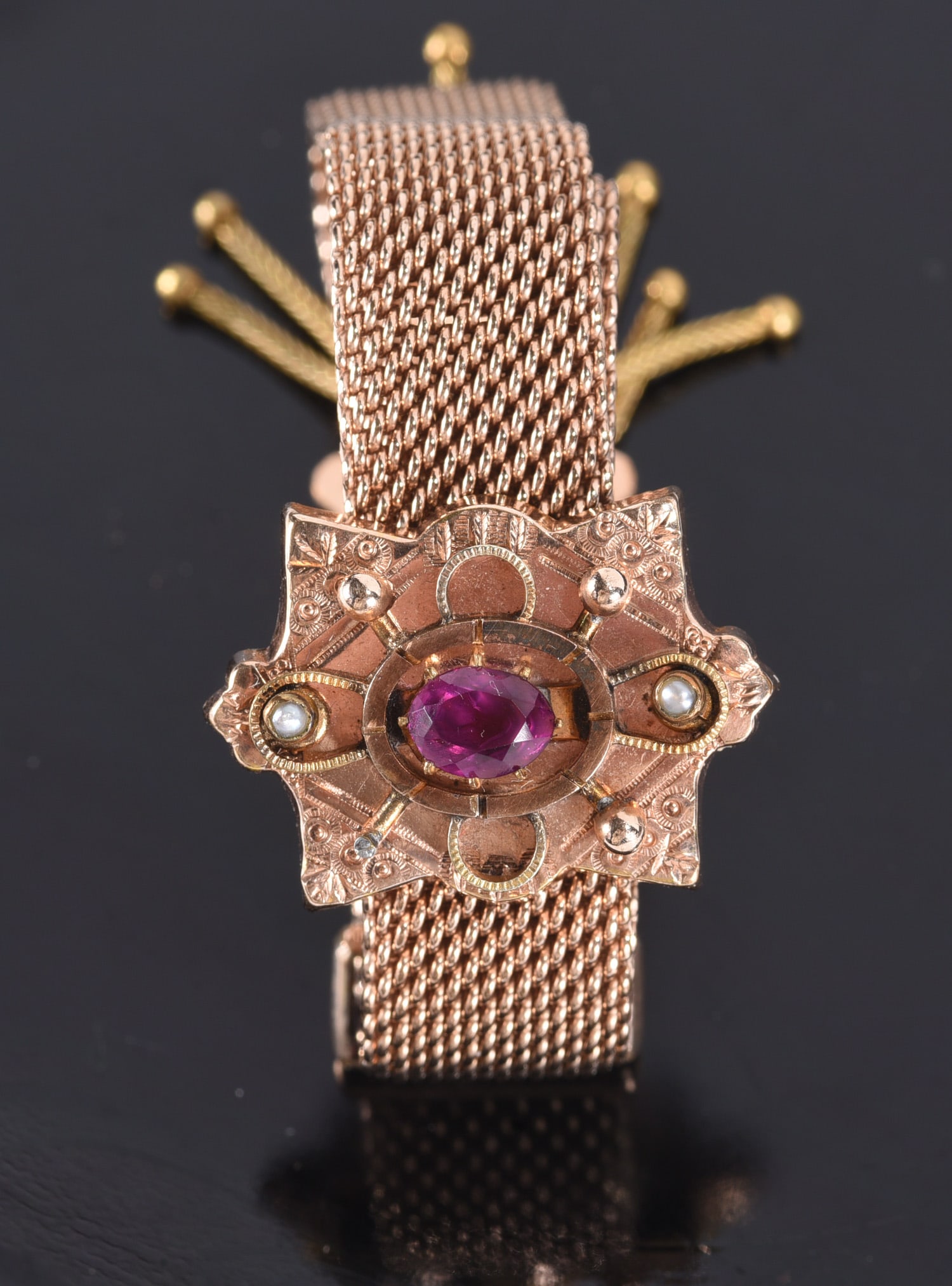 Gold Fill Victorian bracelet with tassels, garnette, pearls, some damage to slide. -30.7 grams: Gold Fill Victorian bracelet with tassels, garnette, pearls, some damage to slide. -30.7 grams