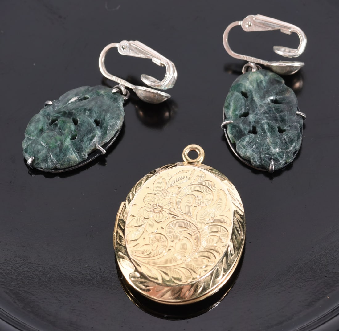 Carved jade clip earrings - Sterling Silver ?plus; Gold Fill floral locket. (1 of 2)