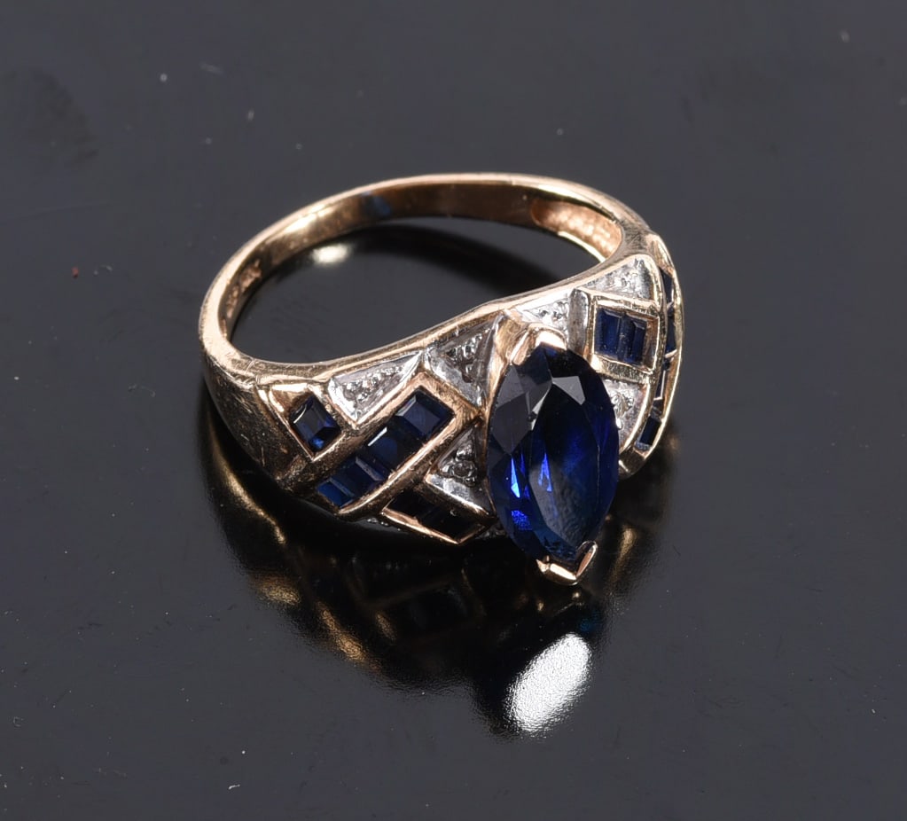 10k marquise saphire ring with invisable set - saphires across band. CRP maker. Ring. Size 6-1/4 -: 10k marquise saphire ring with invisable set - saphires across band. CRP maker. Ring. Size 6-1/4 - 3.7 grams