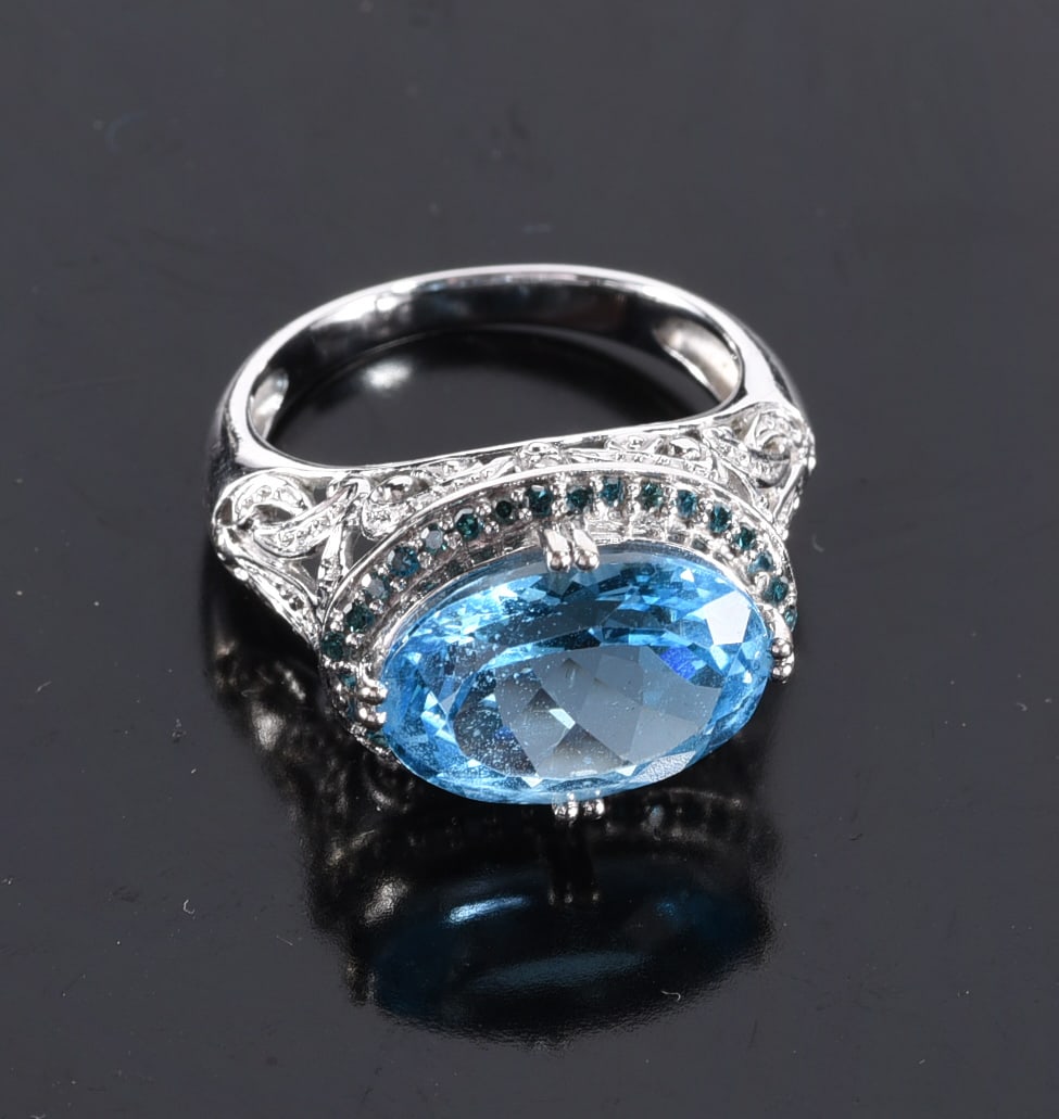 14K MEDA oval blue topaz/blue diamond. E/W white gold . Ring. Size 6-1/2 - 6.1 grams (1 of 2)