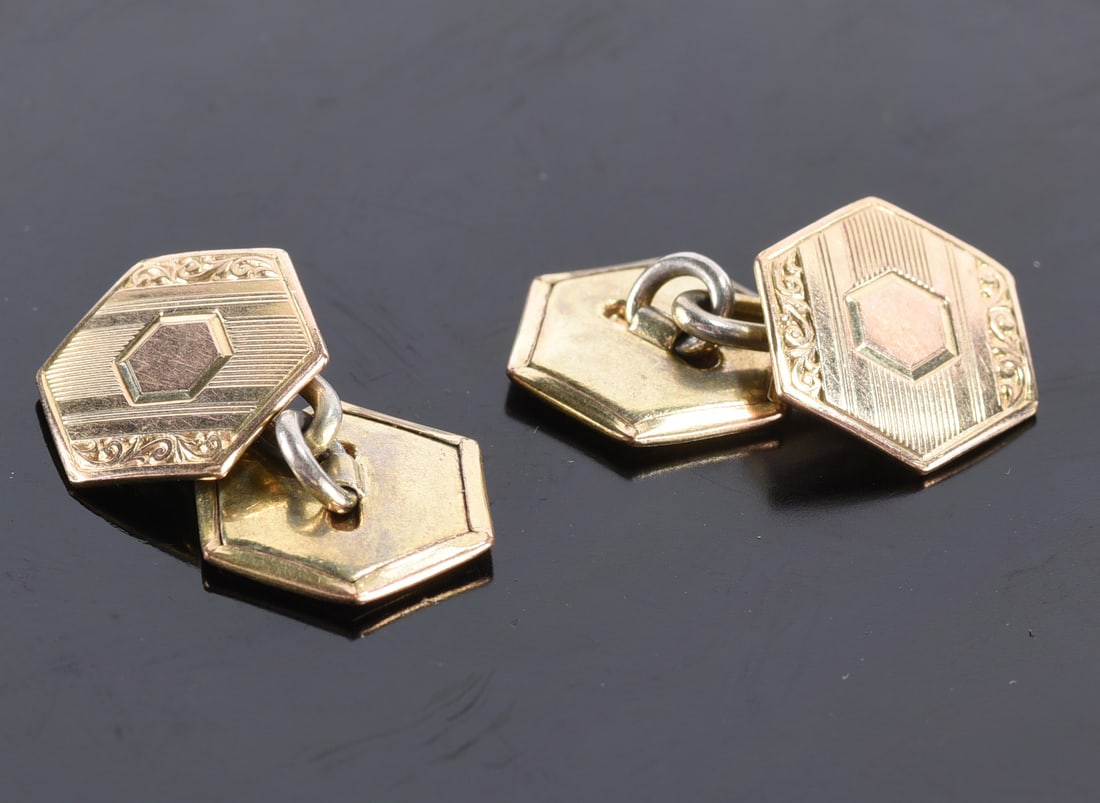 Gold Fill mens cufflinks, six sided, engraved tops.: Gold Fill mens cufflinks, six sided, engraved tops.
