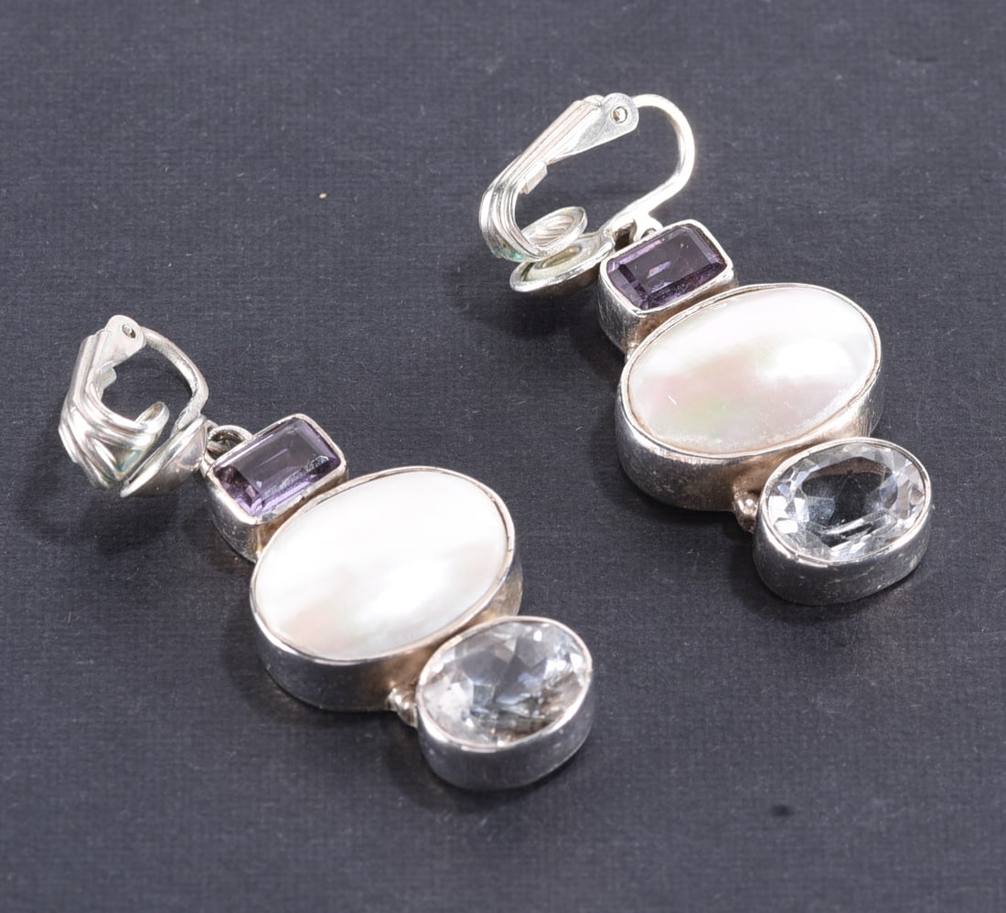 Sterling Silver amythest oval mp or pearl & crystal earrings. Marked 925 - 12.2 grams (1 of 2)