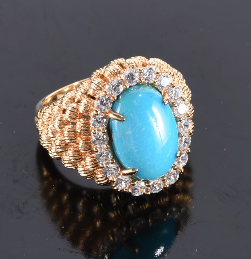 Sterling silver gold platted oval north south turqoise with white halo - Ring. Size 6-1/2 (1 of 2)