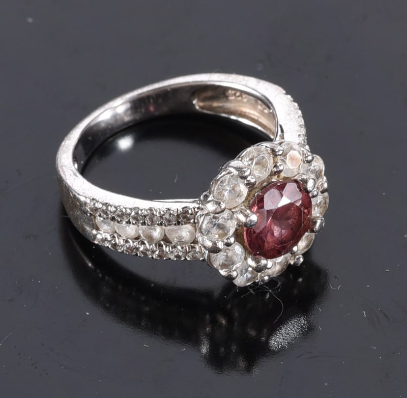 Sterling Silver ring w/ pink round stone cutert white stone halo - Ring. Size 6-3/4: Sterling Silver ring w/ pink round stone cutert white stone halo - Ring. Size 6-3/4