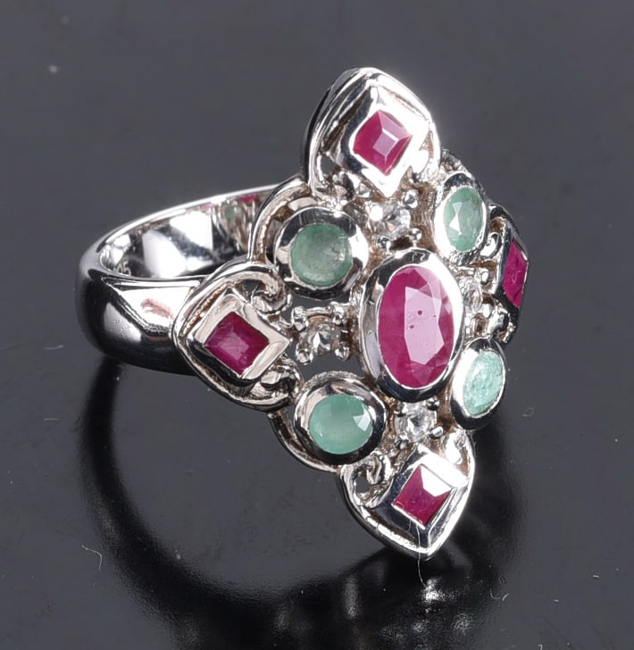 Sterling Silver ruby emerald white sapphire. Ring. Size 6-1/2 (1 of 2)