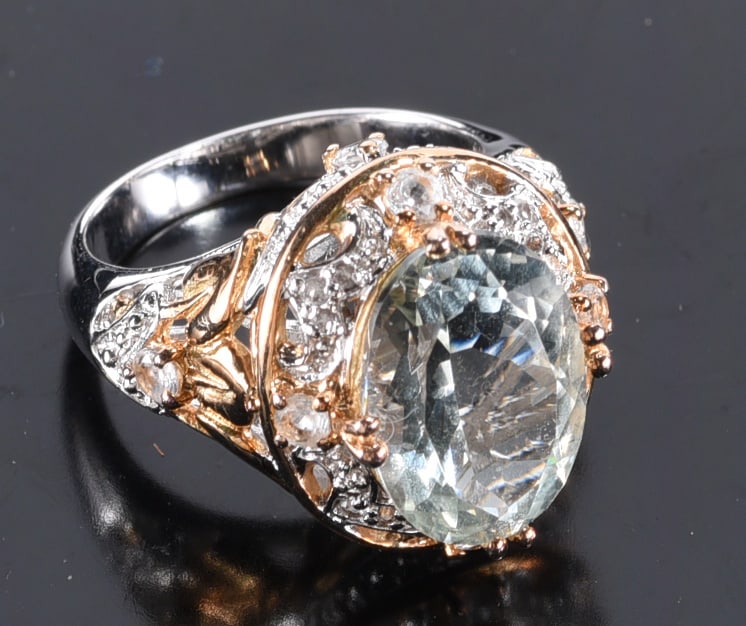 Sterling Silver white blue oval N/S ring w/ gold accents Victoria Wieck. Ring. Size 6-3/4: Sterling Silver white blue oval N/S ring w/ gold accents Victoria Wieck. Ring. Size 6-3/4