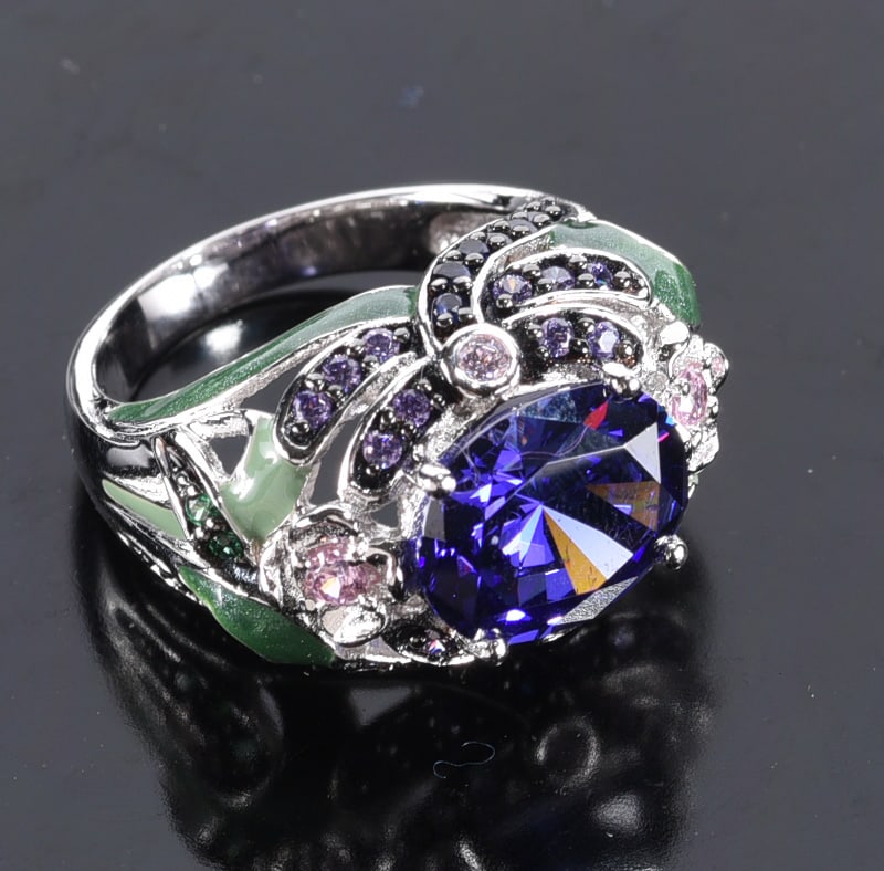 Victoria Wieck Sterling Silver and enamel E/W blue stone ring with flowers and dragonflys. Ring. (1 of 2)