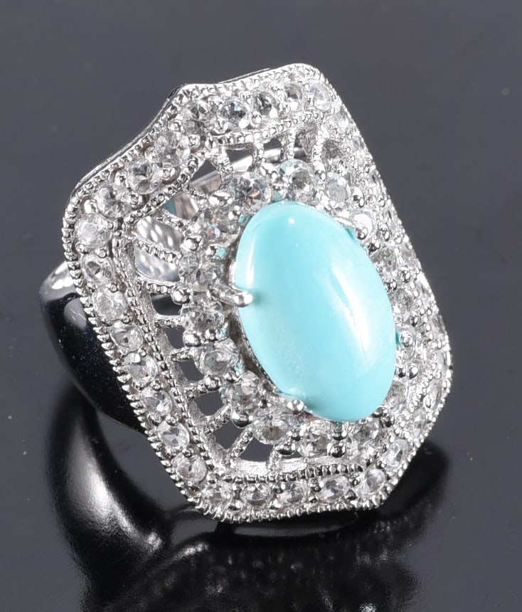 Sterling Silver ring with oval N/S turquosie color stones - 2 layers white stones - Ring. Size 6-3/4: Sterling Silver ring with oval N/S turquosie color stones - 2 layers white stones - Ring. Size 6-3/4