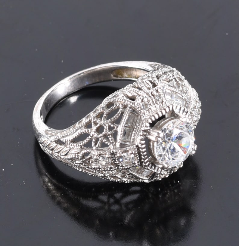 Sterling Silver art deco style dome ring with filigree MEDA. Ring. Size 6-3/4 (1 of 2)