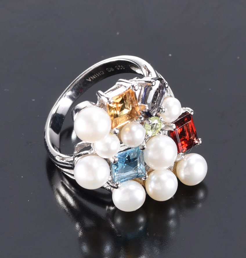 Pearl Sterling Silver ring with square garnet, square topaz, square citrine, oval amathyst, round (1 of 2)