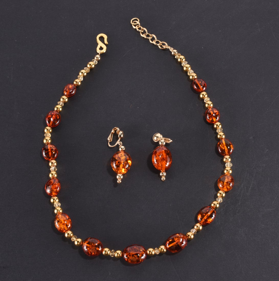 Amber crystal gold tone bead necklace. With clip earrings. Gold Fill clasp. 17" (1 of 2)