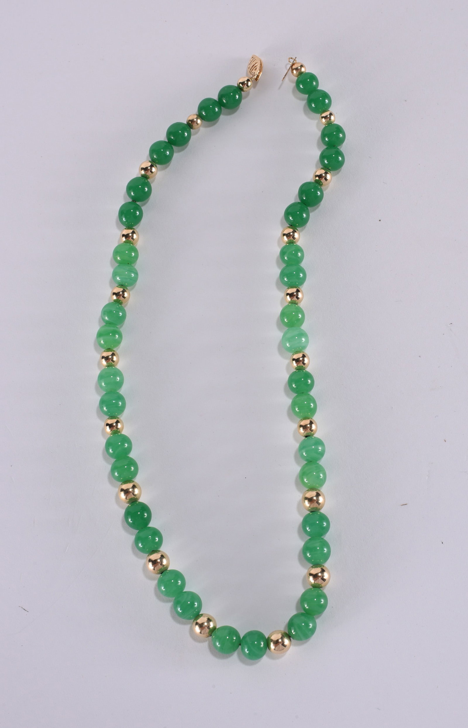14K gold clasp, green and gold bead necklace. 16" (1 of 2)