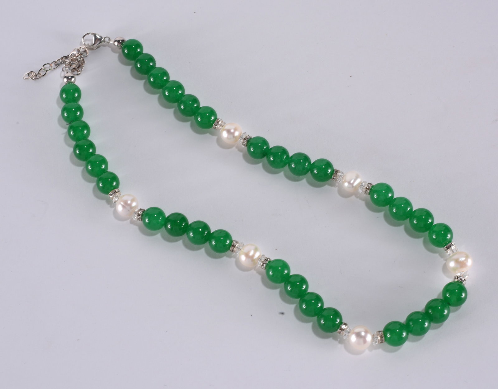 Green agate necklace with pearls and crystal spacers. Sterling Silver clasp. 20": Green agate necklace with pearls and crystal spacers. Sterling Silver clasp. 20"