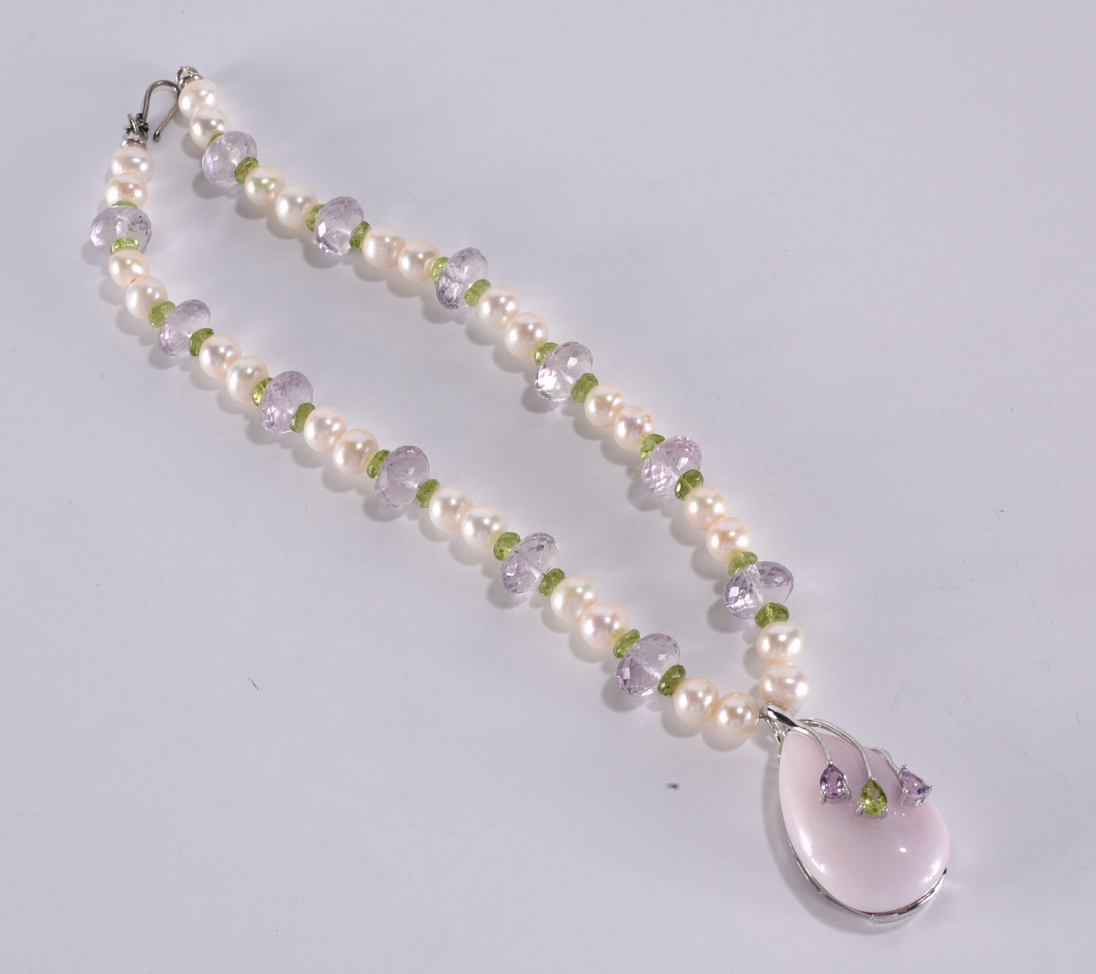 Marked artisan strung necklace w/ pink opal, amethyst, pendant & pearls. Marked NF 925. Thailand.: Marked artisan strung necklace w/ pink opal, amethyst, pendant & pearls. Marked NF 925. Thailand. 16" - 87.2g.