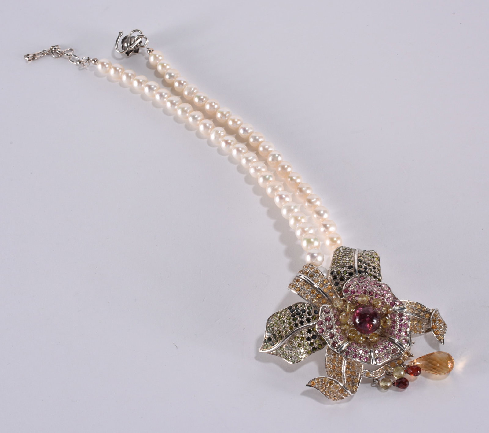 Artisan strung Sterling Silver flower pendant on pearl necklace with dangling briolets. Marked 925. (1 of 3)