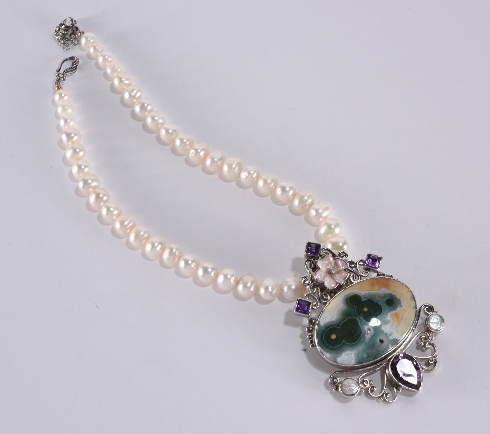 Artisan strung. Sterling Silver ocean jasper and amythest pendant on pearl necklace. 16" - 123.8 (1 of 3)