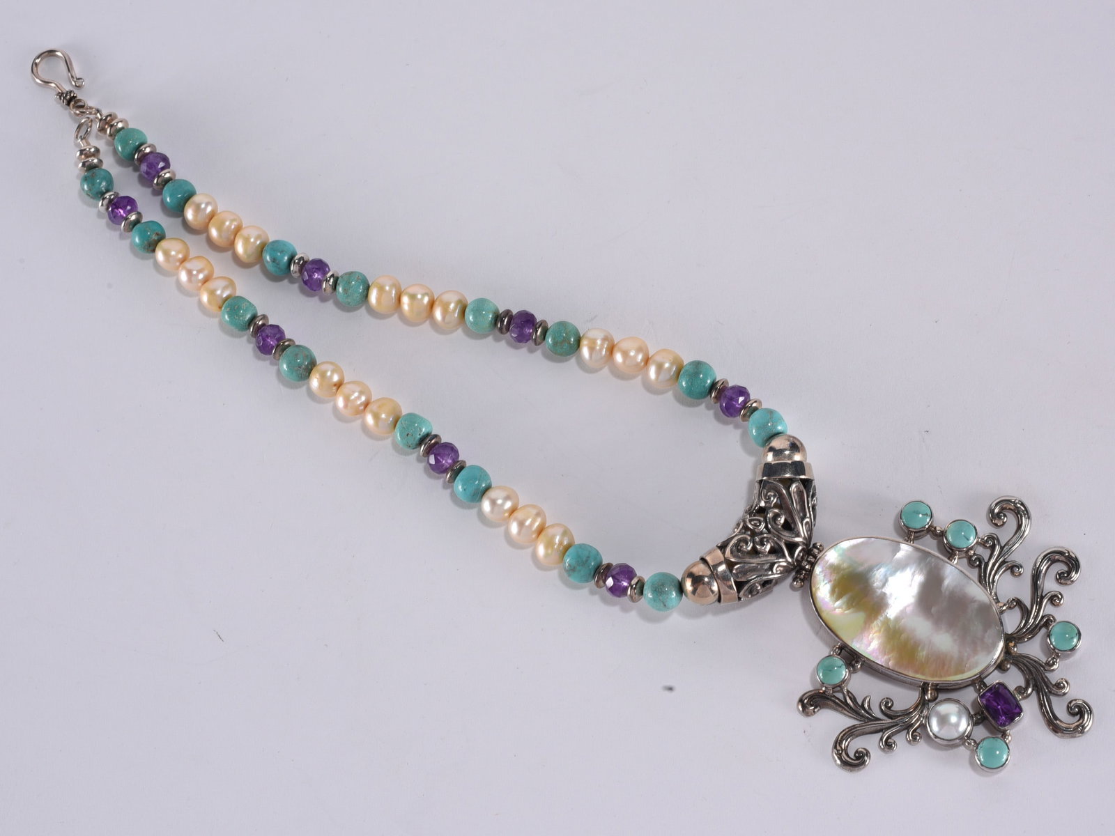 Artisan strung unmarked turqoise amethyst pearl necklace. With large oval MOP pendant. 16" - 62.9 (1 of 3)