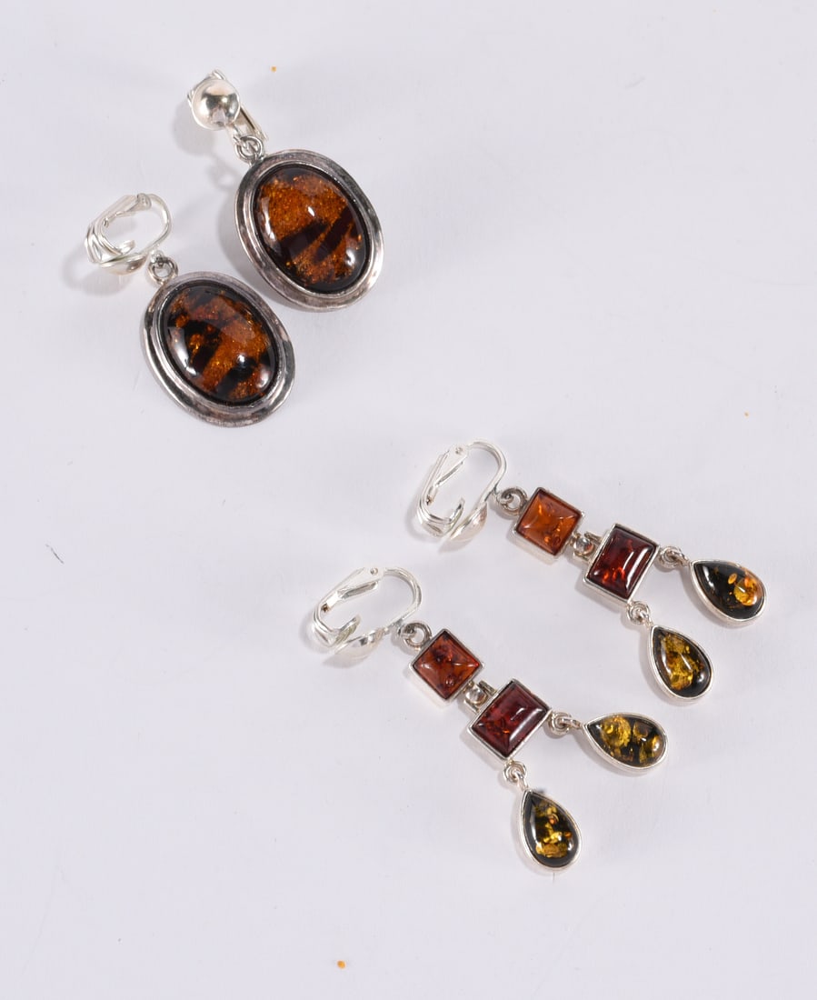 2 pairs Sterling Silver clip amber earrings. (1 of 2)