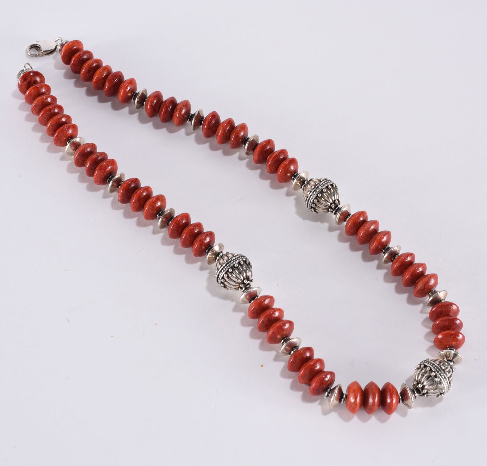 Coral and silver tone beaded necklace with Sterling Silver clasp. 21" (1 of 2)