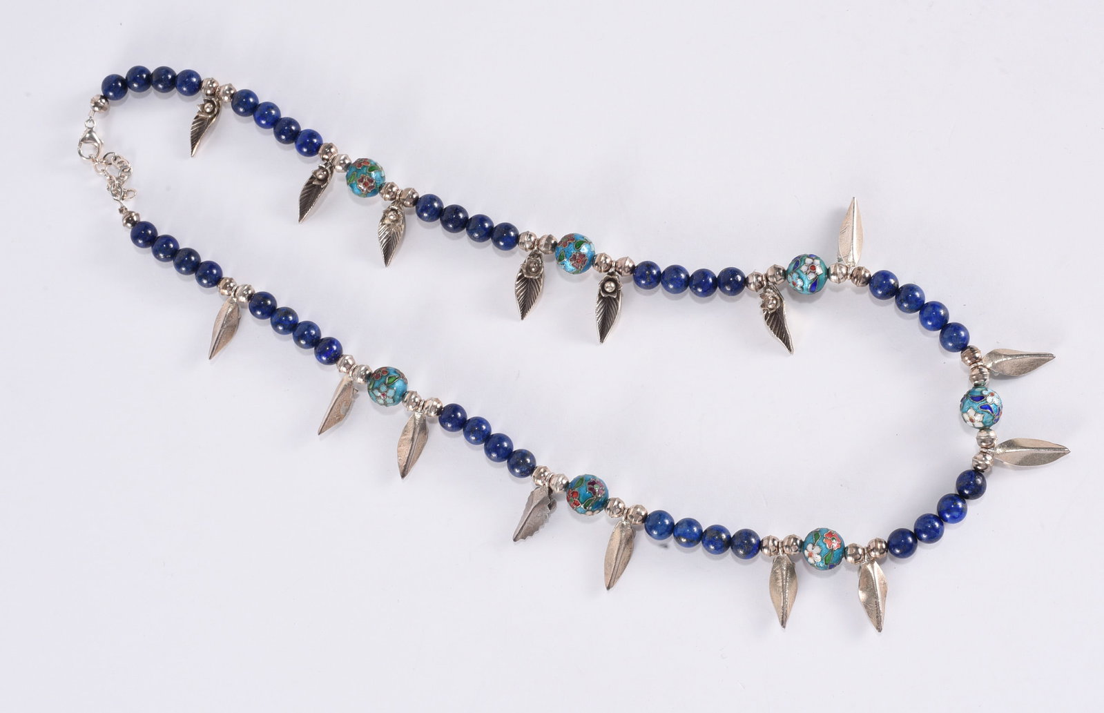 Artisan strung Lapis chinese cloissonne beads & flower & leaf beads. Sterling Silver clasp. 24" -: Artisan strung Lapis chinese cloissonne beads & flower & leaf beads. Sterling Silver clasp. 24" - 79.2 grams
