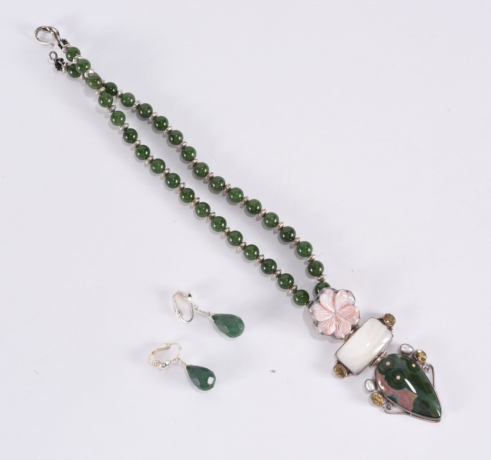 Sterling Silver pendant of ocean jasper MOP and citrine stones on jadite and silver beaded necklace. (1 of 2)