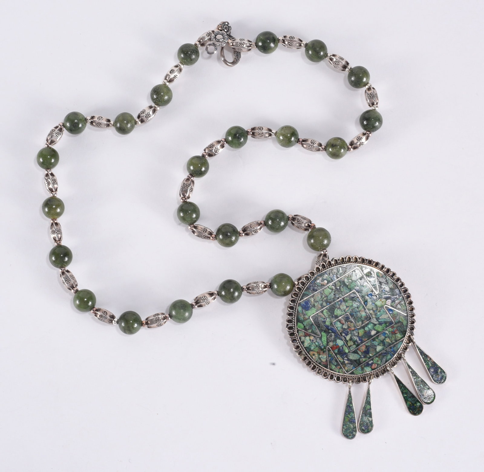 Mexican Sterling Silver mosaic pendant with five tassels. Strung on jadite and silver beaded (1 of 2)