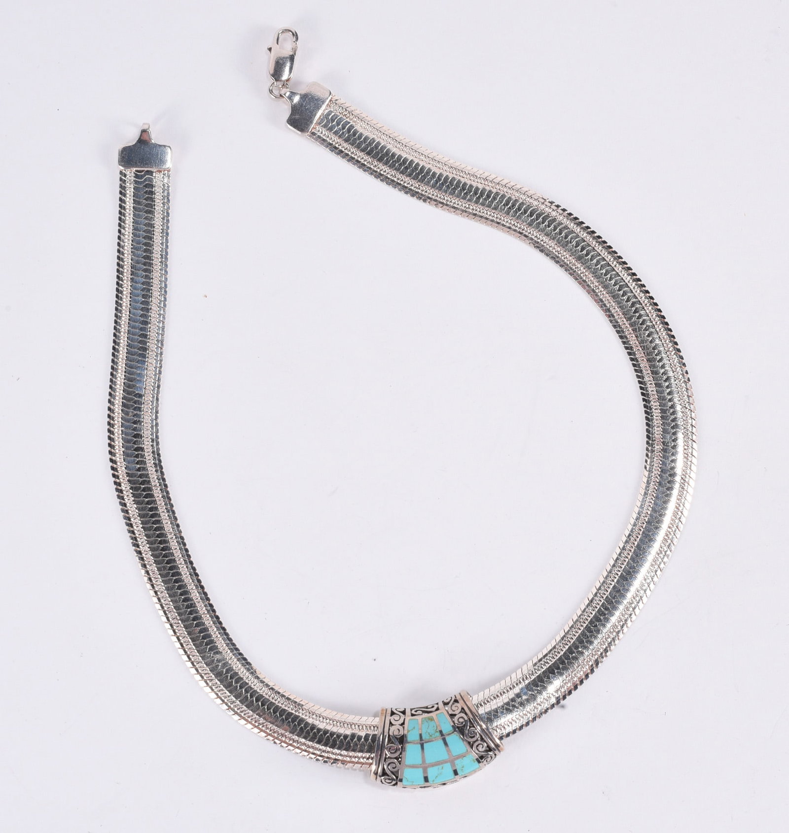 Heavy wide Sterling Silver necklace with Sterling Silver slide with turqoise.: Heavy wide Sterling Silver necklace with Sterling Silver slide with turqoise.