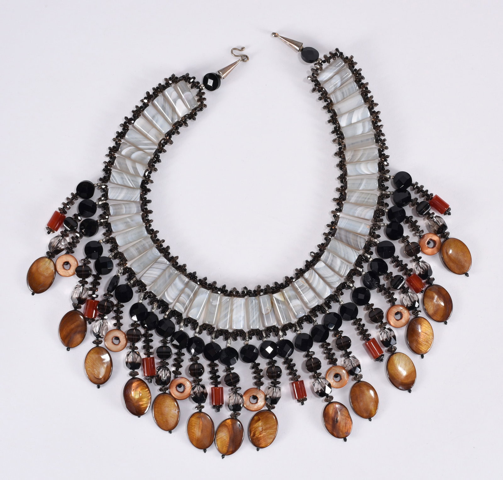 Fringe necklace with agate barrel beads. Camelian jet & shell. 16" (1 of 2)