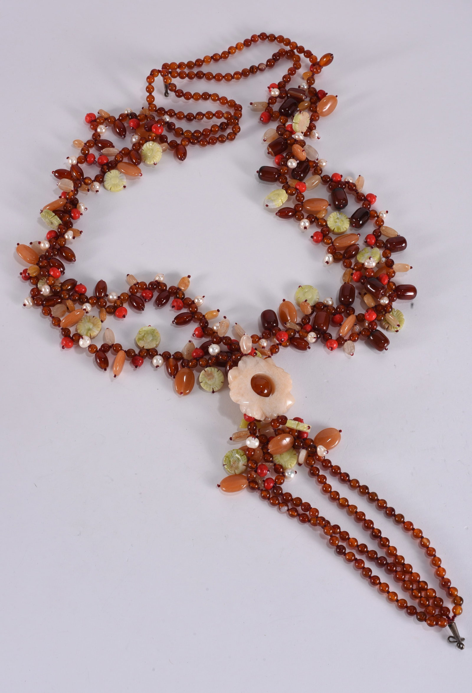 4 strand agate beaded fringe necklace with center large flower and various small flowers and (1 of 2)