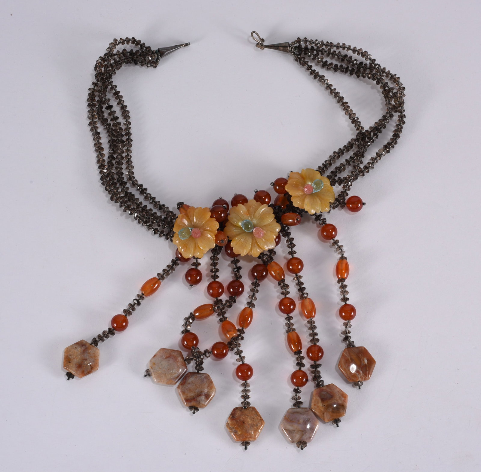 4 strand amethyst necklace with agate hexagon & floral details. 16" (1 of 2)