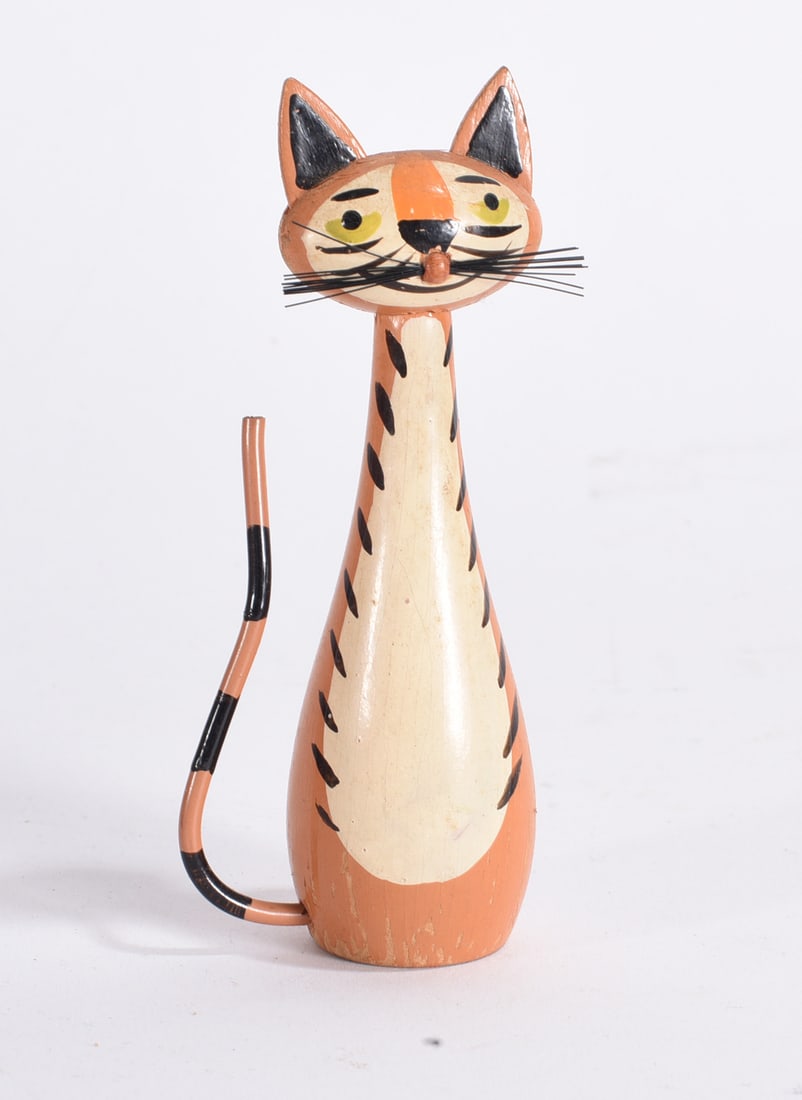 Hand Painted Wooden Cat Figure: Hand painted carved wooden cat figure with elongated neck, striped decoration, and applied whiskers.