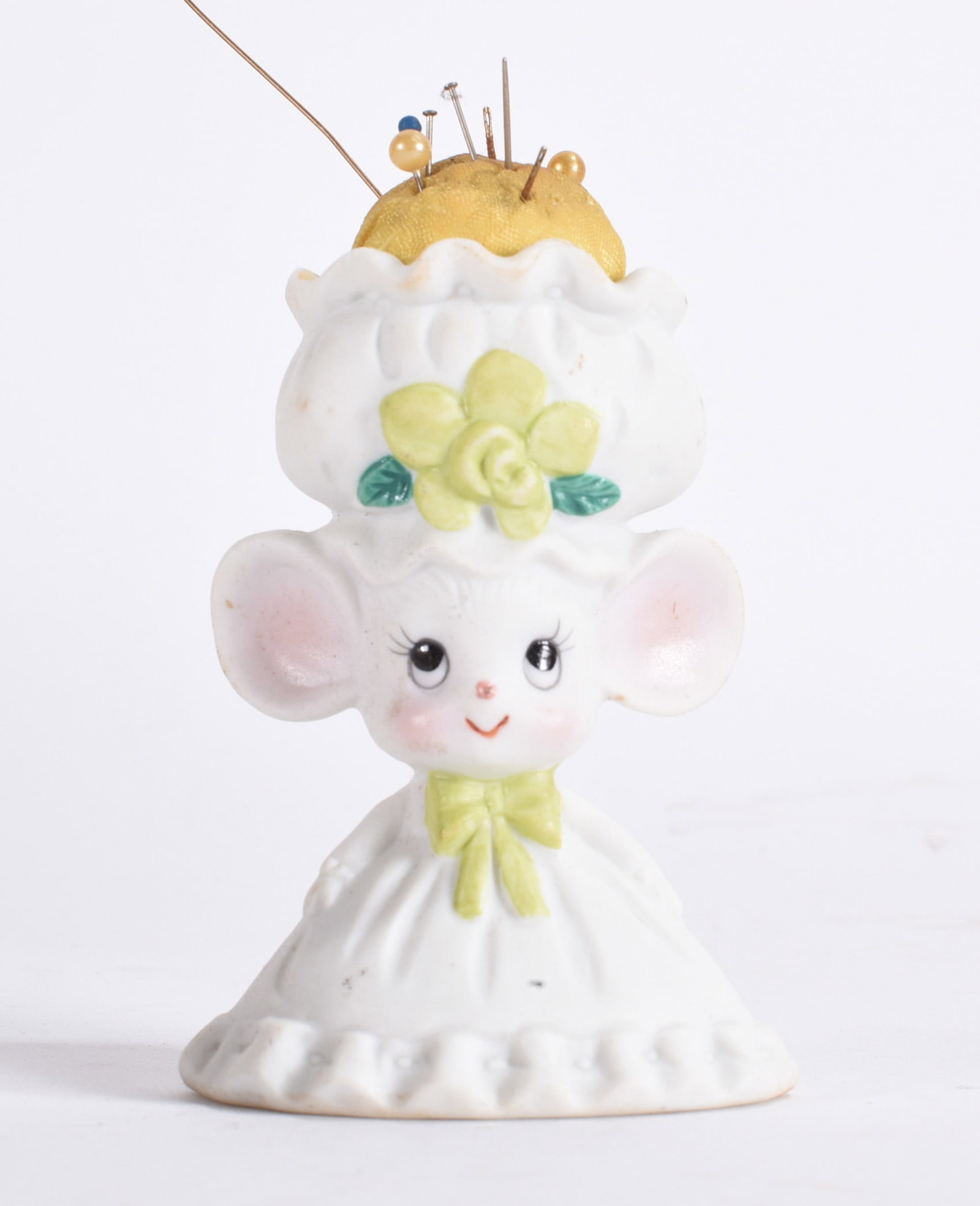 Mouse Pin Cushion Holder: Novelty mouse-form pin cushion holder with floral bonnet and removable fabric cushion top.