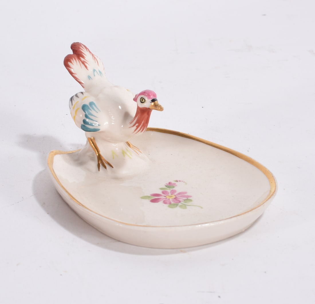 Rooster Ashtray: Vintage porcelain ashtray with colorful rooster figure and floral painted basin.
