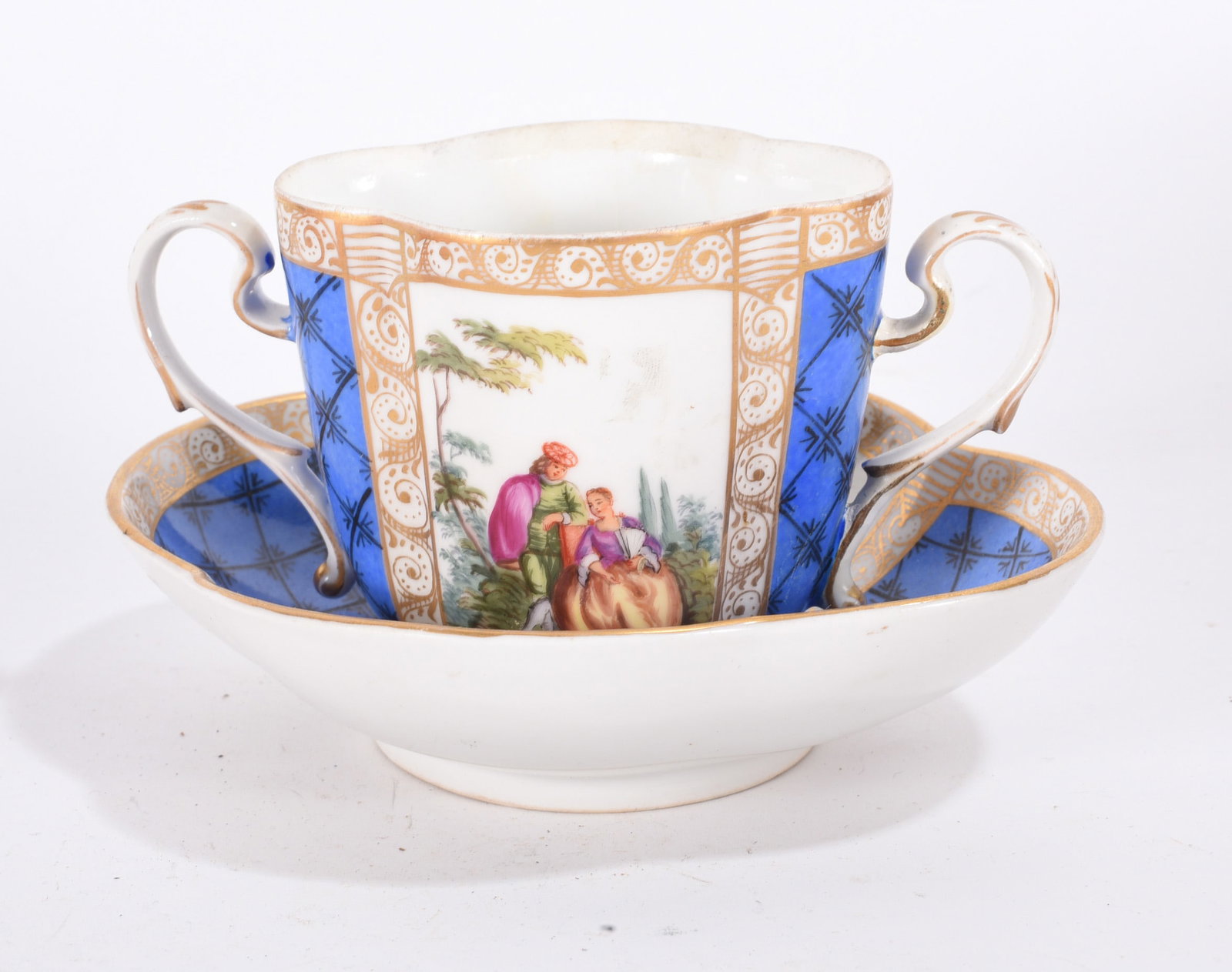 Blue and Gold Two-Handled Cup and Saucer (1 of 3)