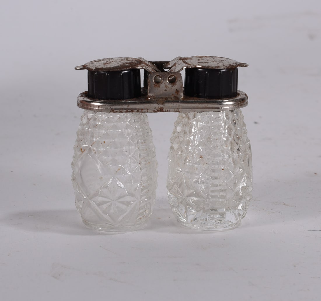 Pressed Glass Double Salt and Pepper Set with Metal Carrier (1 of 2)