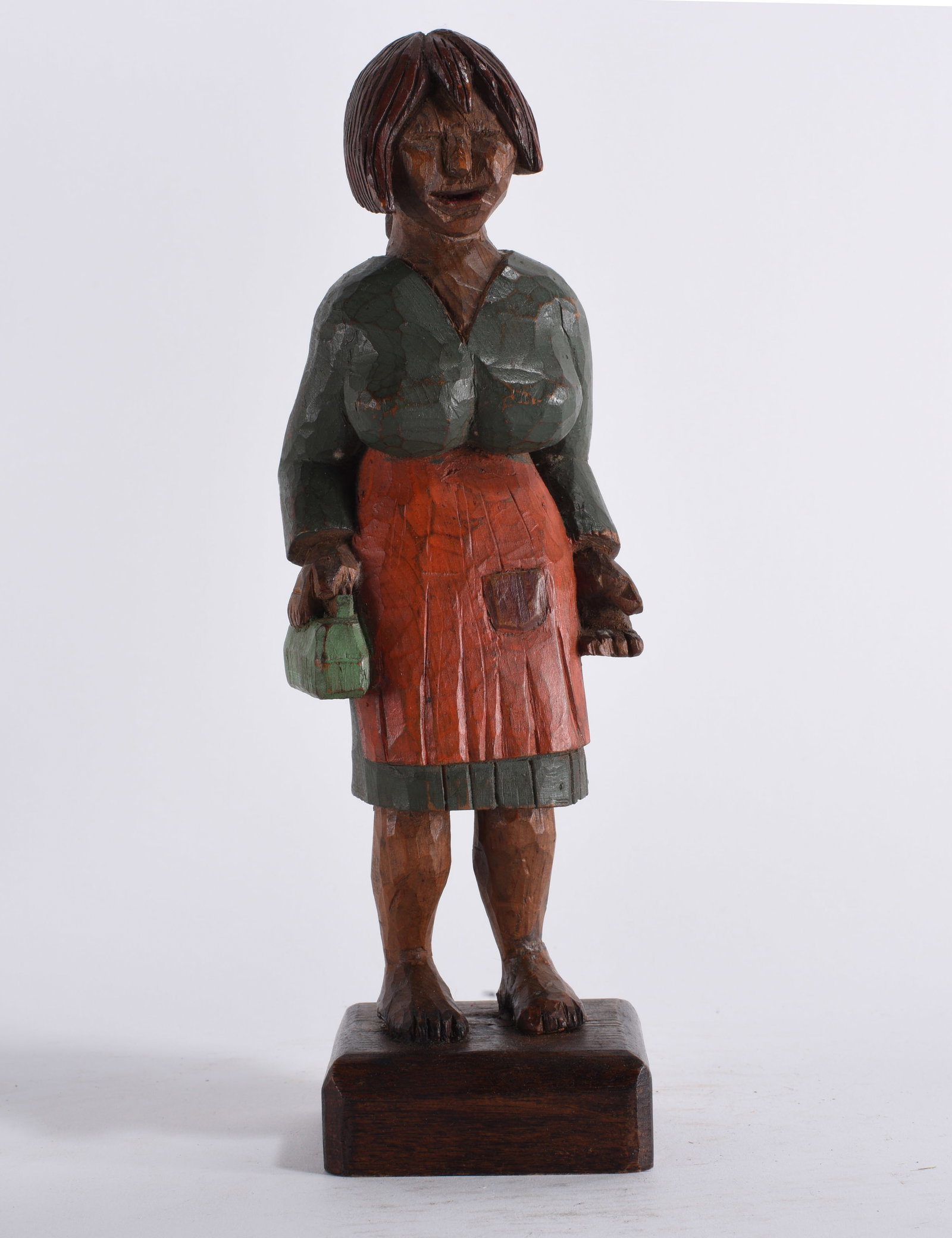 Folk Art Carved Woman in Dress Holding Purse (1 of 3)