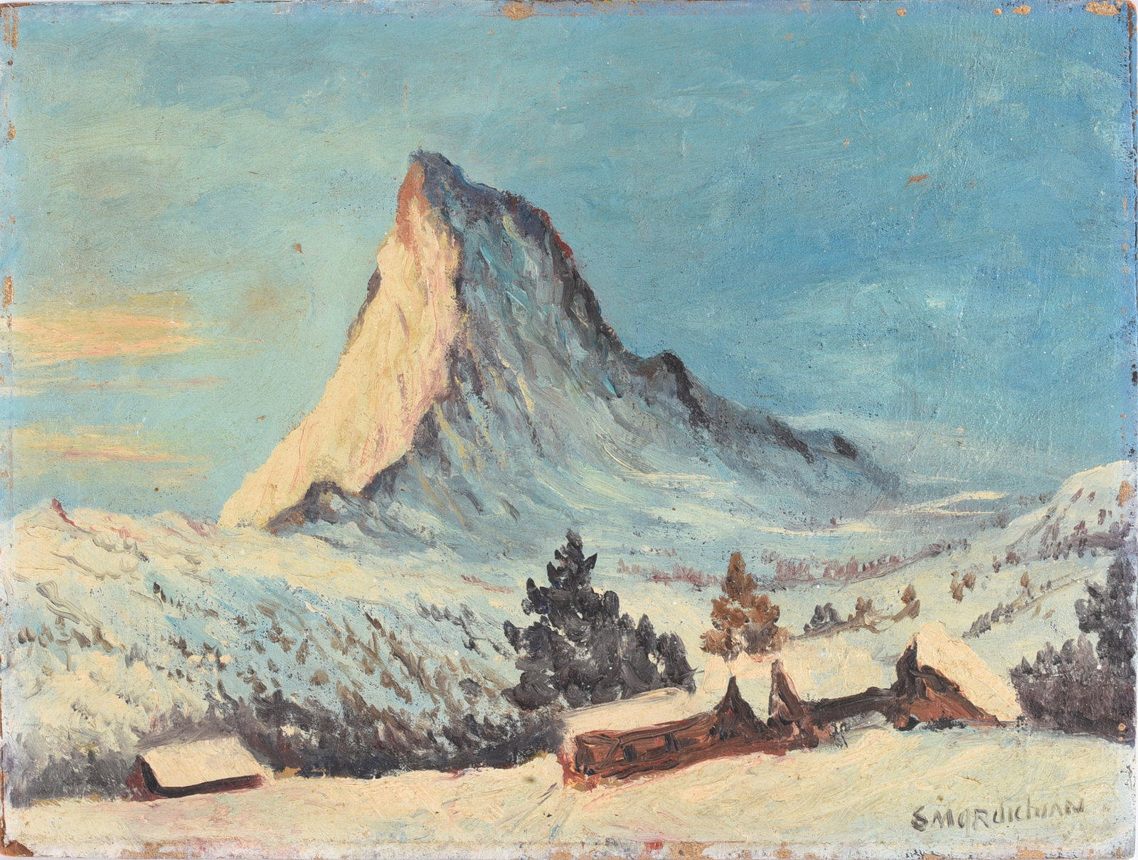 Painting on board S. Mordichaun Mountain Scene: Painting on board S. Mordichaun Mountain Scene 16"x12"