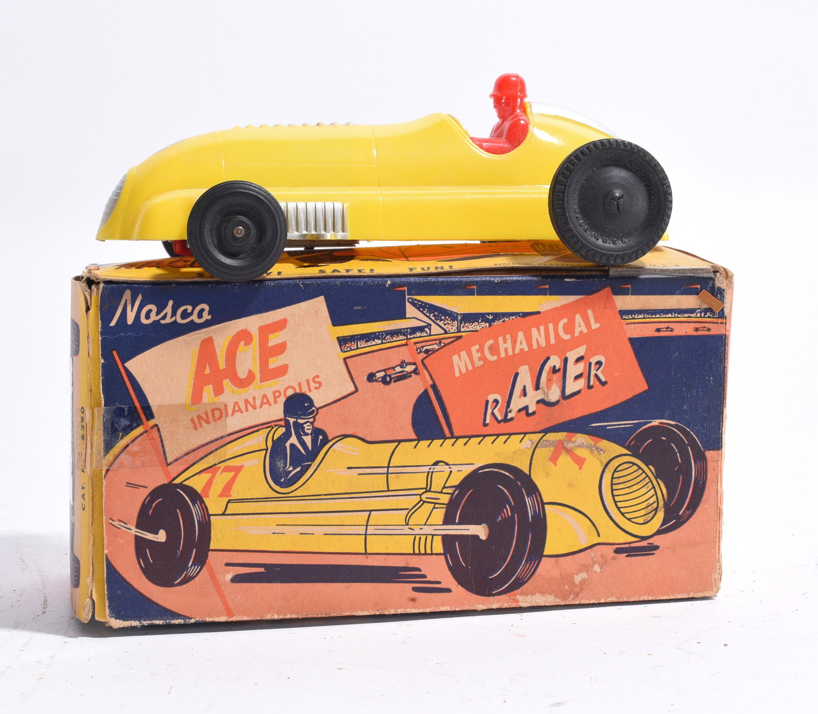 Nosco Ace Indianapolis Mechanical Racer with Box: Nosco Ace Indianapolis Mechanical Racer retaining original illustrated box. Bright yellow race car with driver figure and colorful lithographed packaging showing storage wear.