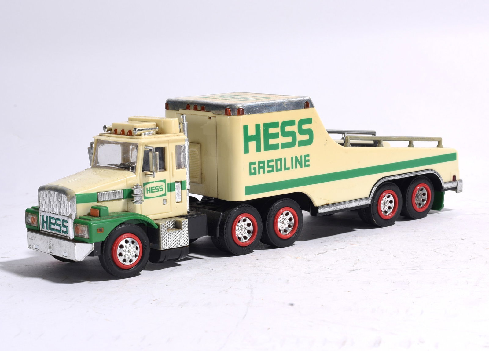 Hess Gasoline Helicopter: Hess Gasoline Helicopter featuring tandem rotor design, rolling landing gear, and original Hess graphics. Displays light age-related wear and remains an attractive collectible example.