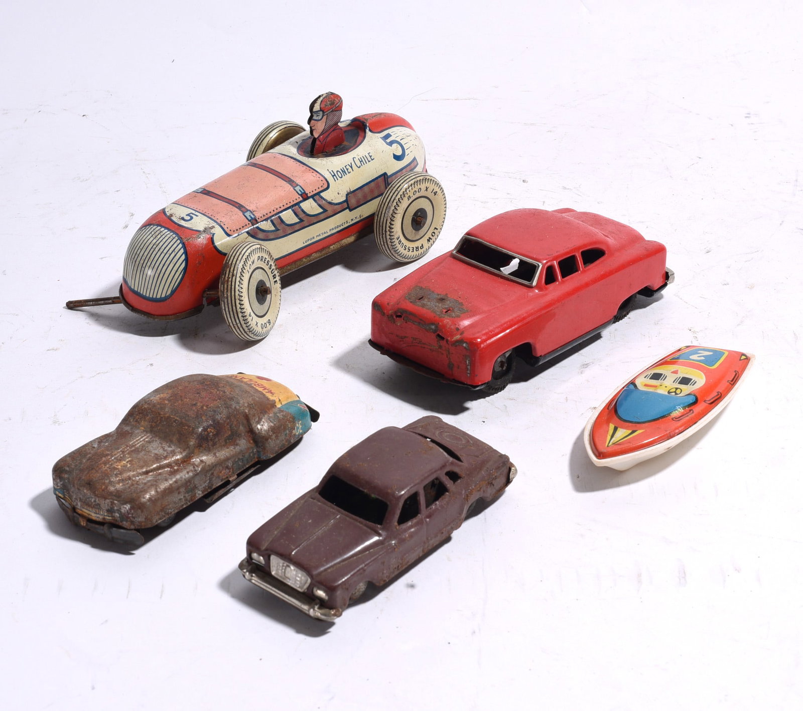 Group of Five Assorted Vintage Toy Vehicles Including Honey Chile Racer (1 of 1)