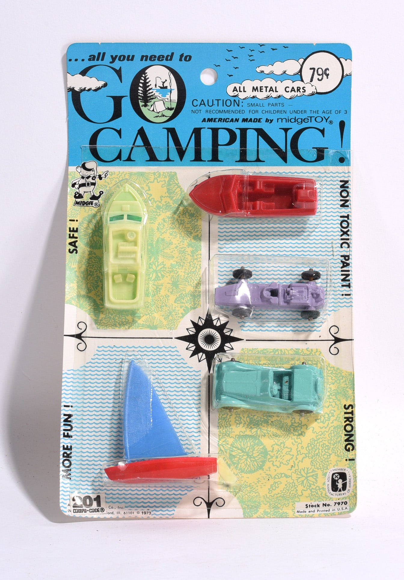 Midgetoy "Go Camping!" Vehicle & Boat Set in Package: Vintage Midgetoy "Go Camping!" play set in original sealed blister package. Includes boat, sailboat, race car, and automobile accessories.