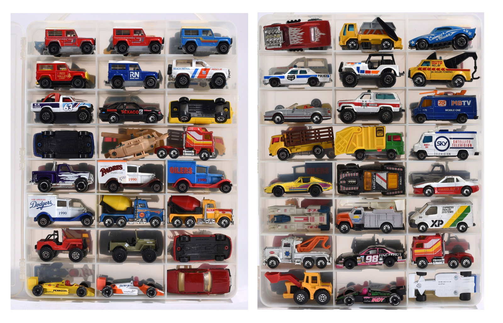 Mixed Matchbox, Corgi, and Promotional Die Cast Vehicle Collection in Display Case: Group of 40 pluss die cast and plastic toy vehicles housed in a compartment storage case. Includes examples by Matchbox, Corgi Juniors, Husky, and promotional issues featuring Land Rover SUVs, militar