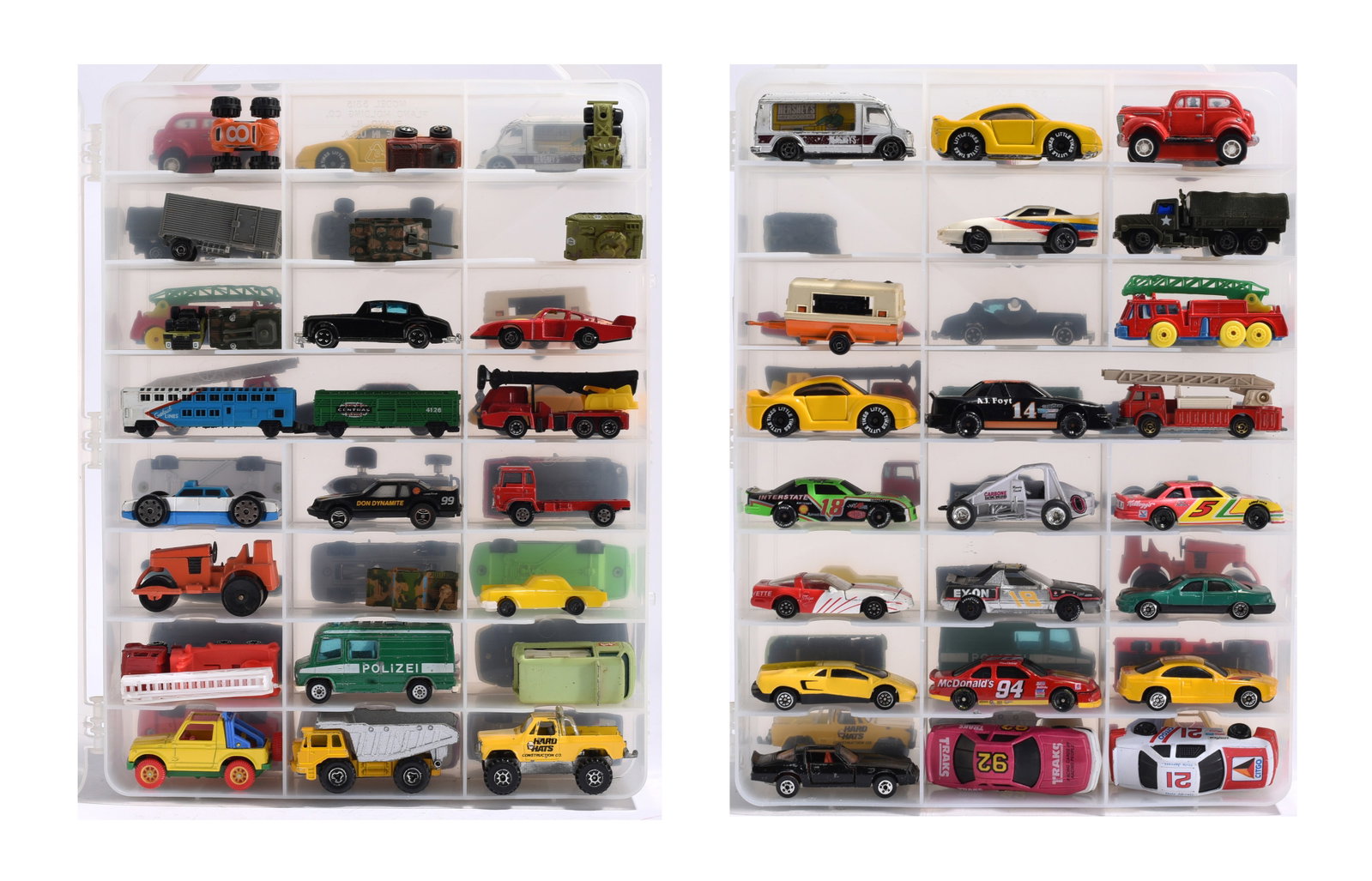 Mixed Matchbox, Corgi, and Promotional Die Cast Vehicle Collection in Display Case: Group of 40 pluss die cast and plastic toy vehicles housed in a compartment storage case. Includes examples by Matchbox, Corgi Juniors, Husky, and promotional issues featuring Land Rover SUVs, militar