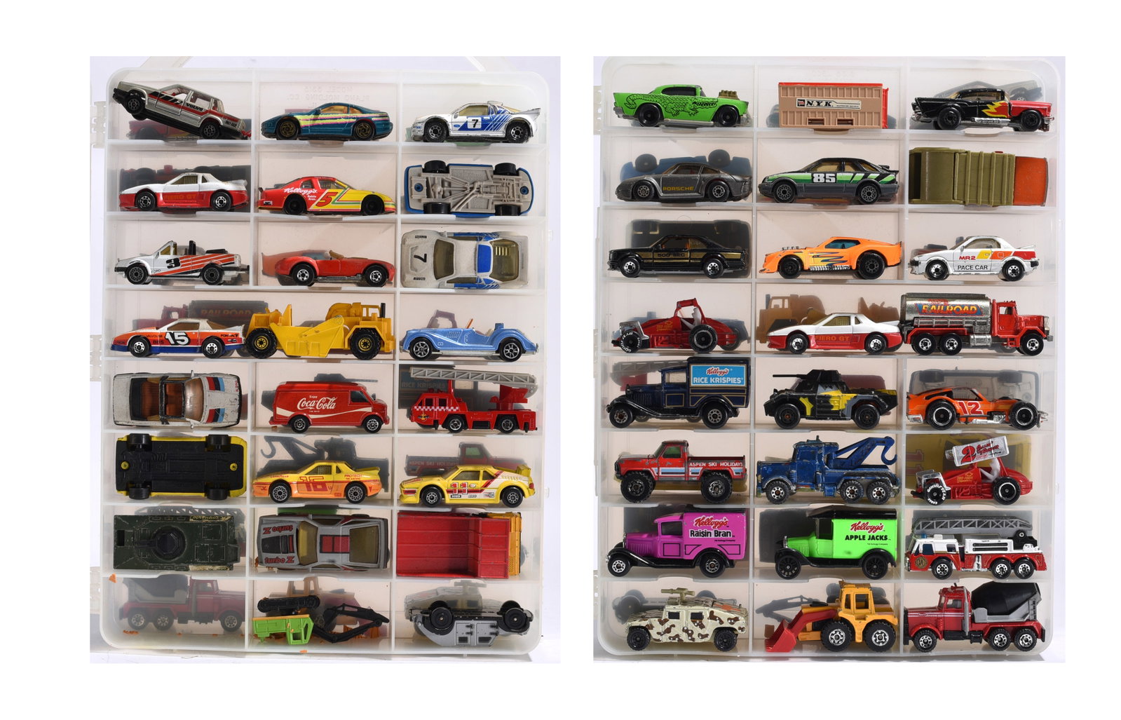 Mixed Matchbox, Corgi, and Promotional Die Cast Vehicle Collection in Display Case: Group of 40 pluss die cast and plastic toy vehicles housed in a compartment storage case. Includes examples by Matchbox, Corgi Juniors, Husky, and promotional issues featuring Land Rover SUVs, militar