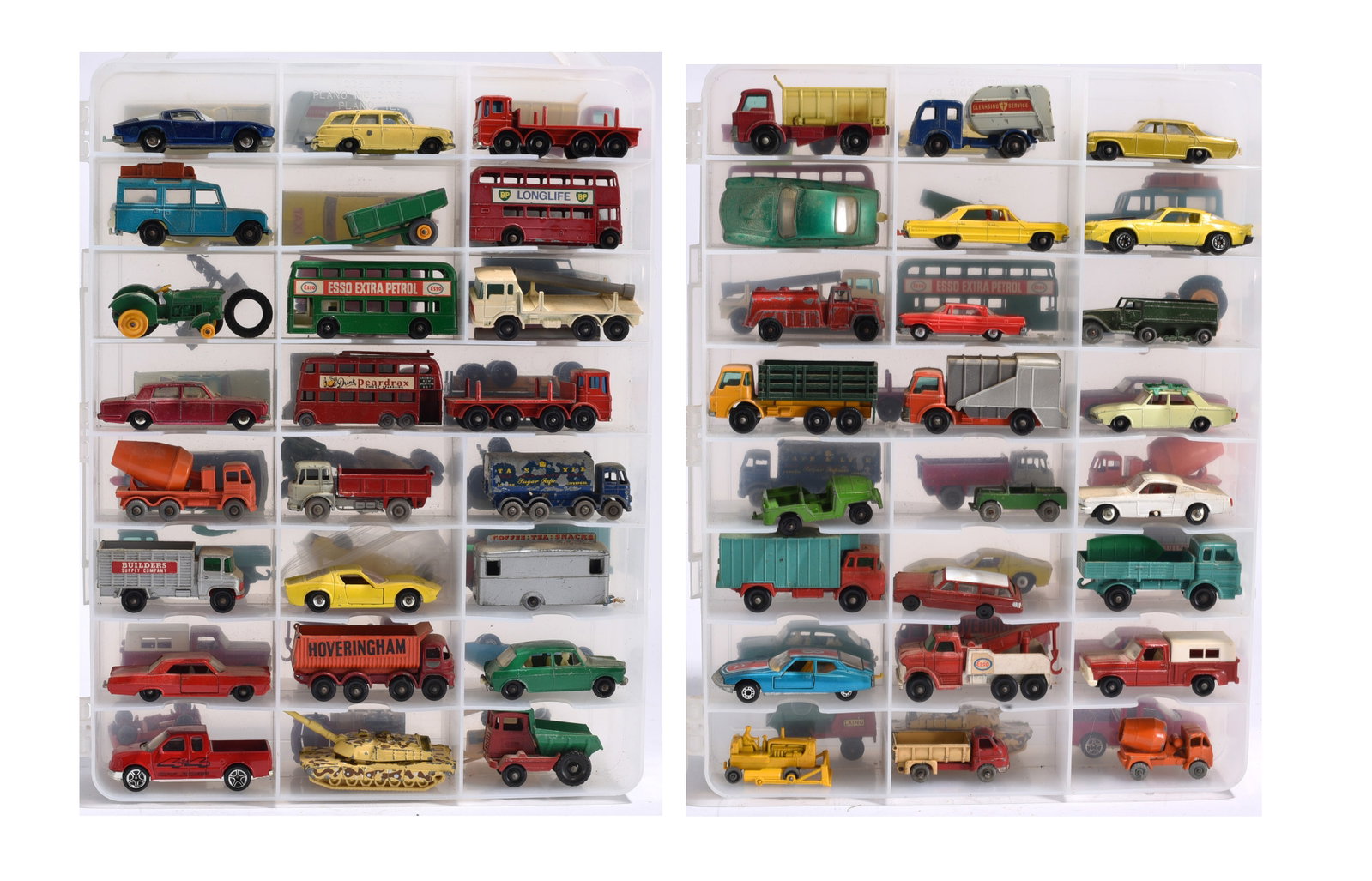 Mixed Matchbox, Corgi, and Promotional Die Cast Vehicle Collection in Display Case: Group of 40 pluss die cast and plastic toy vehicles housed in a compartment storage case. Includes examples by Matchbox, Corgi Juniors, Husky, and promotional issues featuring Land Rover SUVs, militar