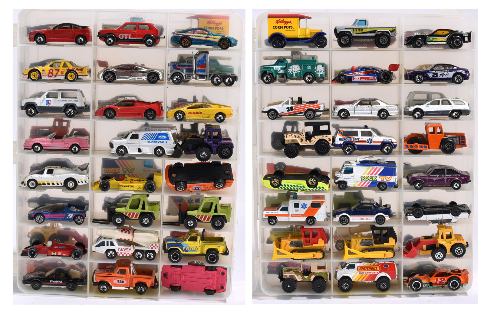 Mixed Matchbox, Corgi, and Promotional Die Cast Vehicle Collection in Display Case: Group of 40 pluss die cast and plastic toy vehicles housed in a compartment storage case. Includes examples by Matchbox, Corgi Juniors, Husky, and promotional issues featuring Land Rover SUVs, militar