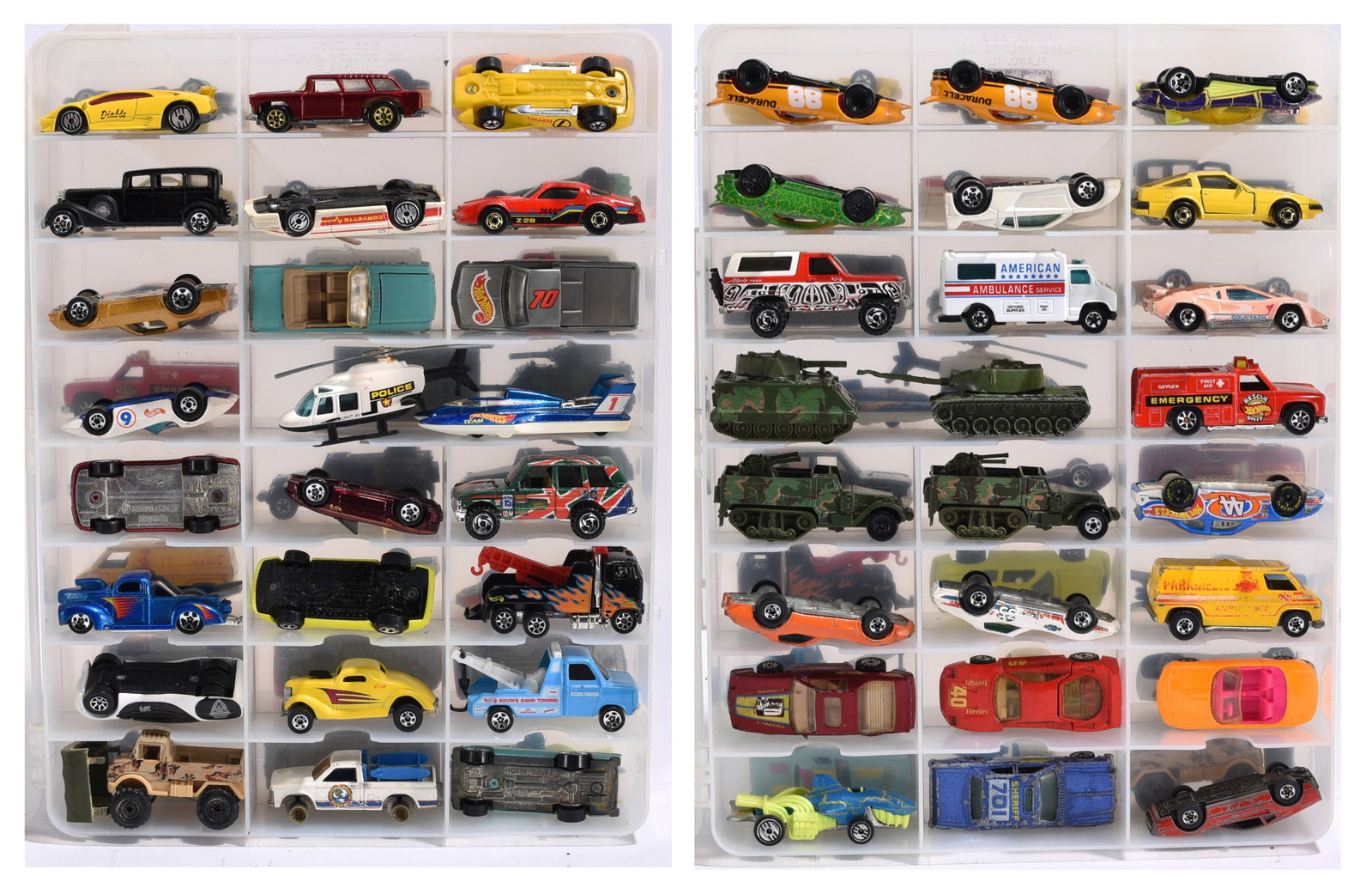 Mixed Matchbox, Corgi, and Promotional Die Cast Vehicle Collection in Display Case: Group of 40 pluss die cast and plastic toy vehicles housed in a compartment storage case. Includes examples by Matchbox, Corgi Juniors, Husky, and promotional issues featuring Land Rover SUVs, militar
